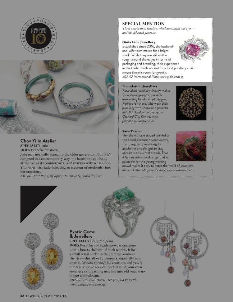 Tatler Top 10 Local Singapore Jeweler | Customised fine Jewellery - GIOIA Fine Jewellery