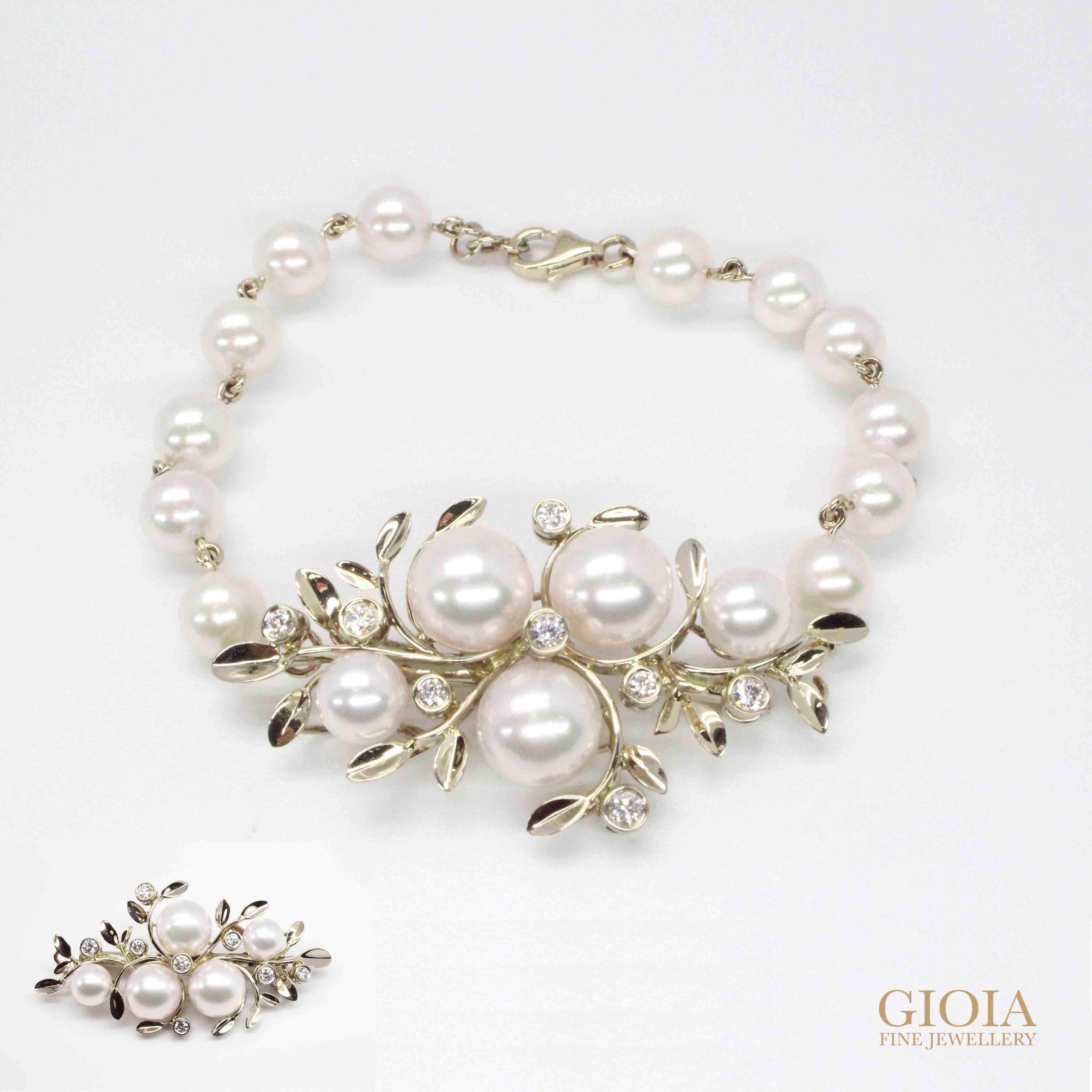 Flora Pearl Diamond Bracelet/Brooch - Akoya Pearl custom made with natural white gold - Unique Pearl Jewellery | GIOIA Fine Jewellery