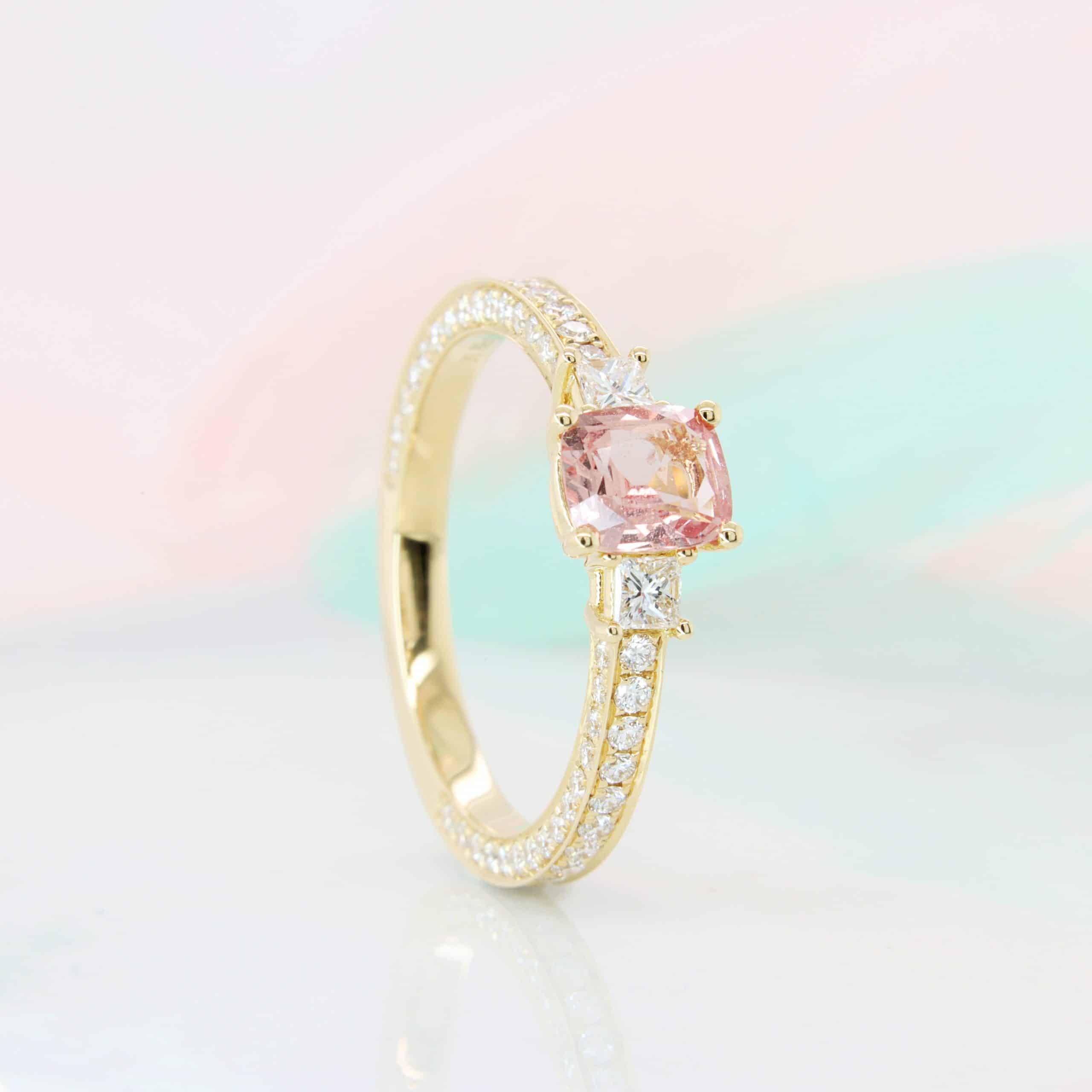 Padparadscha Sapphire with Princess Cut Diamond Multi-pave diamond Ring