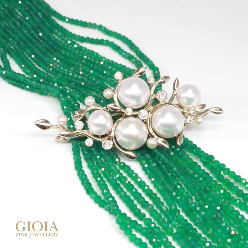 Customised pendant brooch with akoya pearls and round brilliant diamonds with emerald beads necklace | Local Trusted customised Jeweller