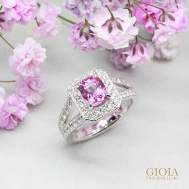Pink Sapphire Halo Pave Ring - Surrounded with round brilliance diamond and custom set in PT950 Platinum gold | Local trusted bespoke Jeweler