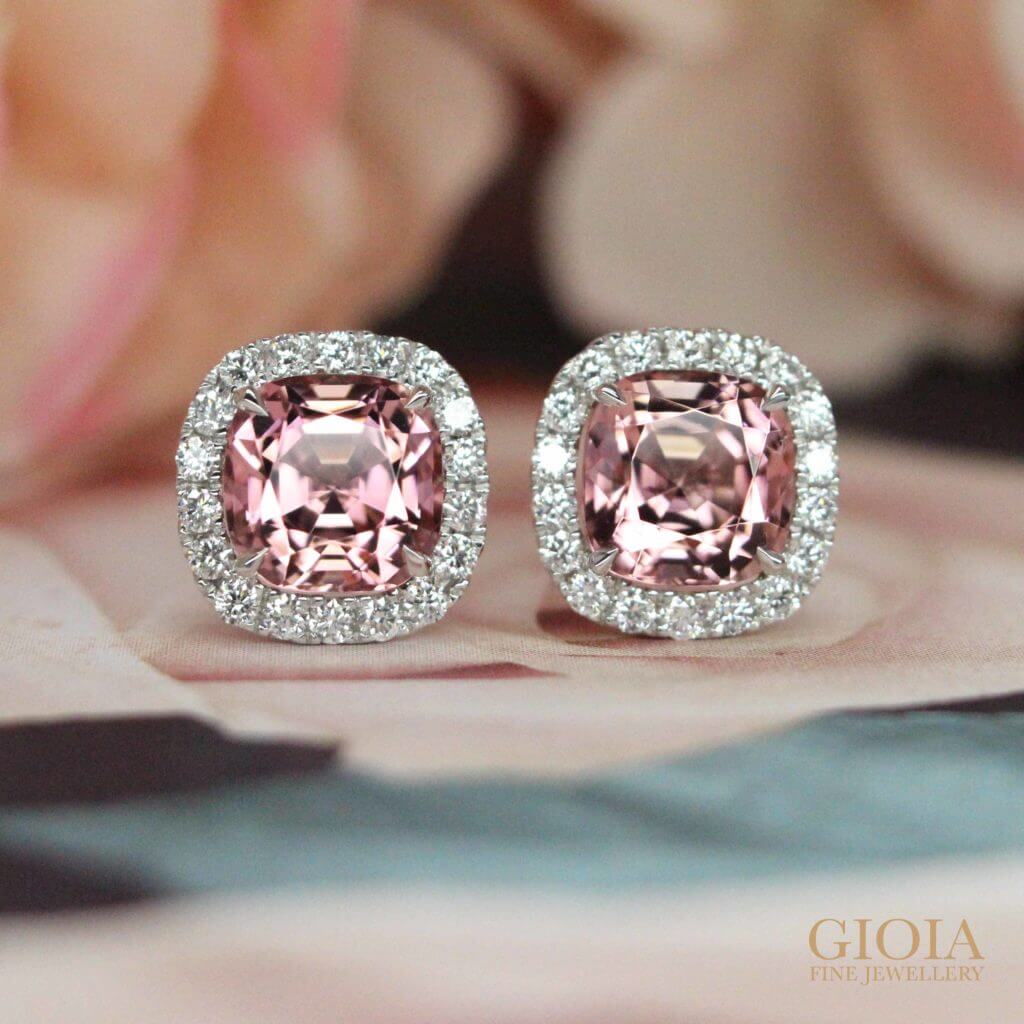 Pink Tourmaline gemstone in cushion modified brilliant cut to showcase the clean and define facets - Customised the tourmaline earring with halo Diamonds surround the gemstone | Local Singapore Designer Jeweller in bespoke customised jewellery