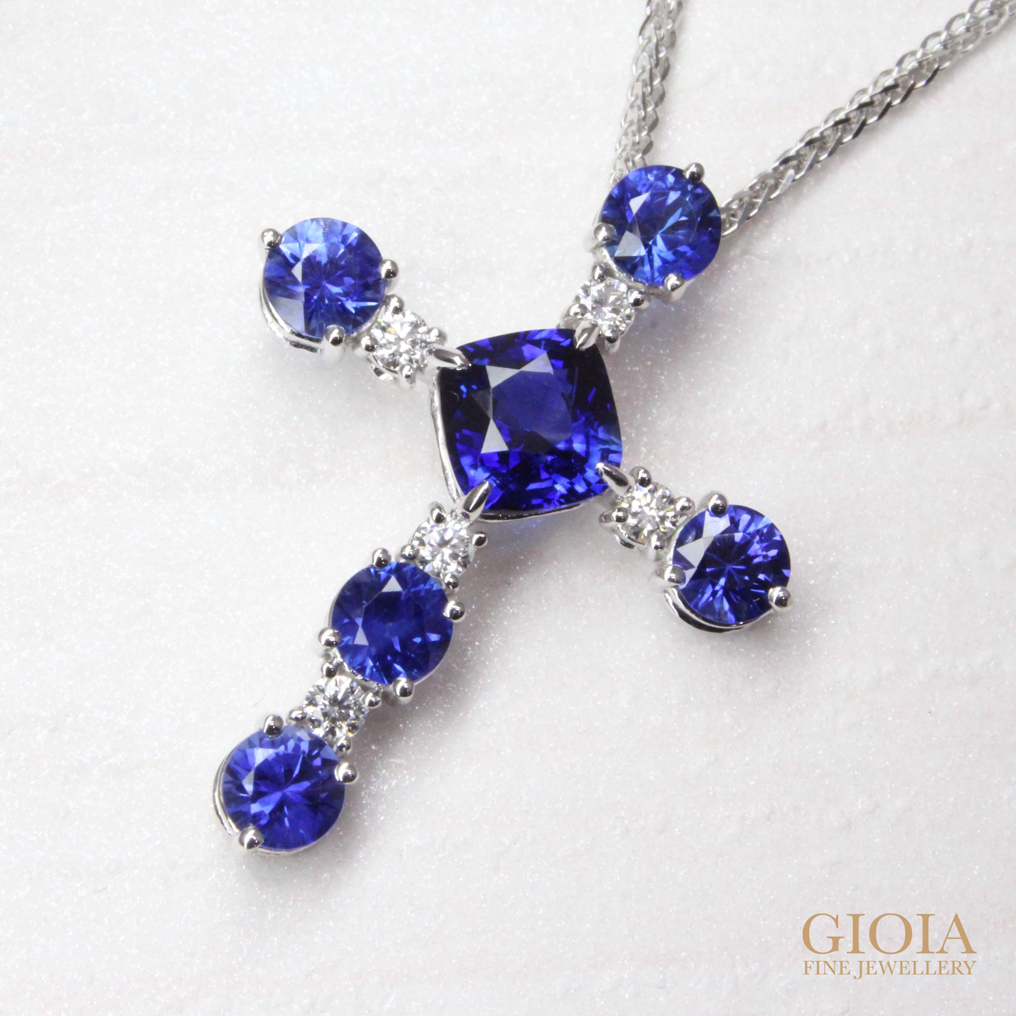 Blue Sapphire cross pendant, customised unheated blue sapphire coloured gemstone with round sapphire gemstones, Customised as a unique gift | Local Singapore Customised jewellery cross pendant