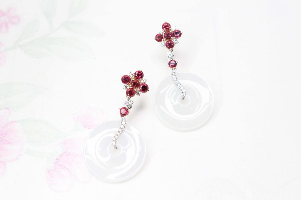 Red Spinel Cluster Gemstone with Jade Dangle Earring - Customised oriental fine jewellery for Chinese New Year | Customised Jewellery, local Singapore designer Jewellery in fine jewellery with coloured gemstone and jade.