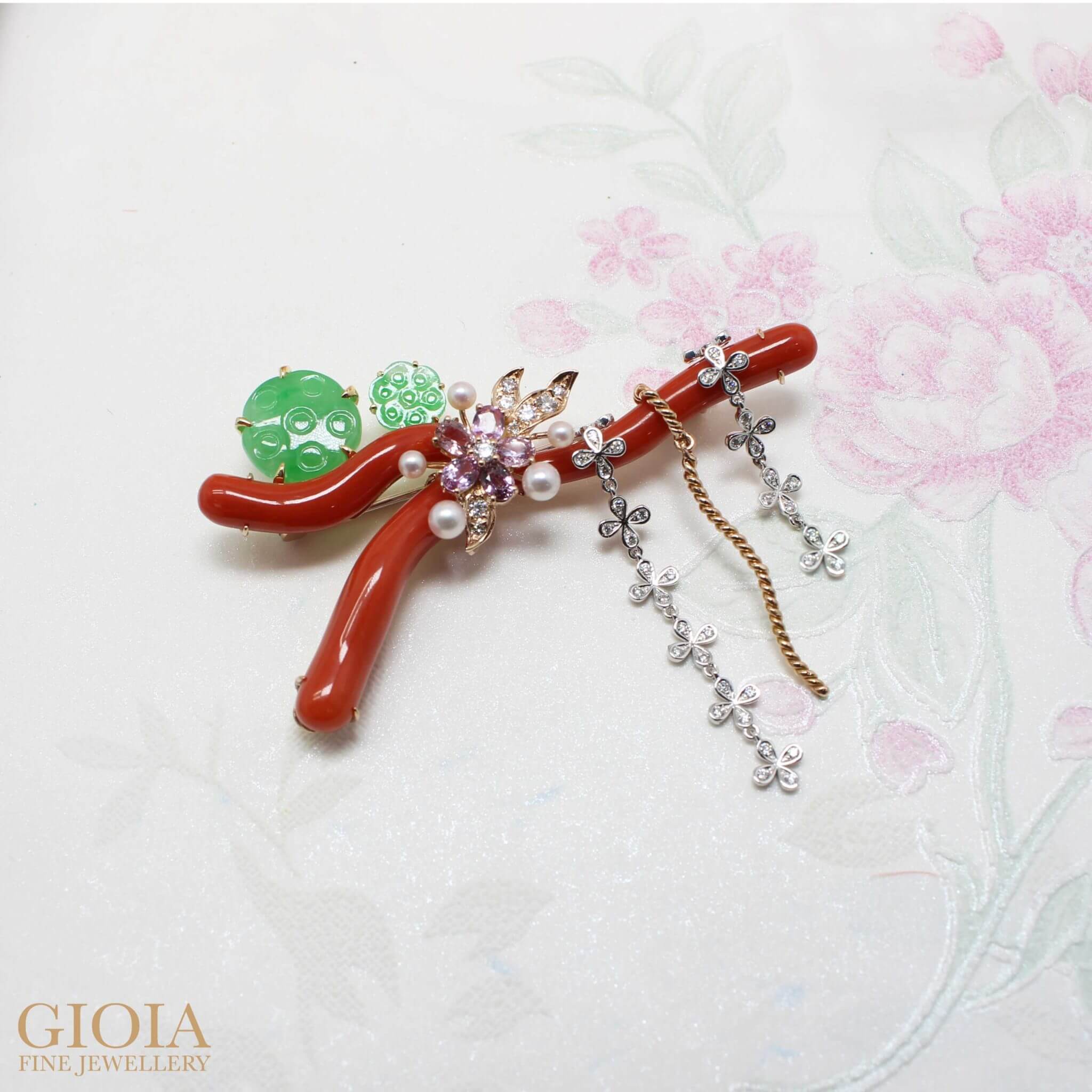 Customised Brooch Jewellery custom set with coral, jade, coloured gemstones and akoya pearls customised for Chinese New Year Jewellery - Oriental Bespoke Jewellery with Private Jeweller in Singapore, redesign existing jewellery to fine jewellery