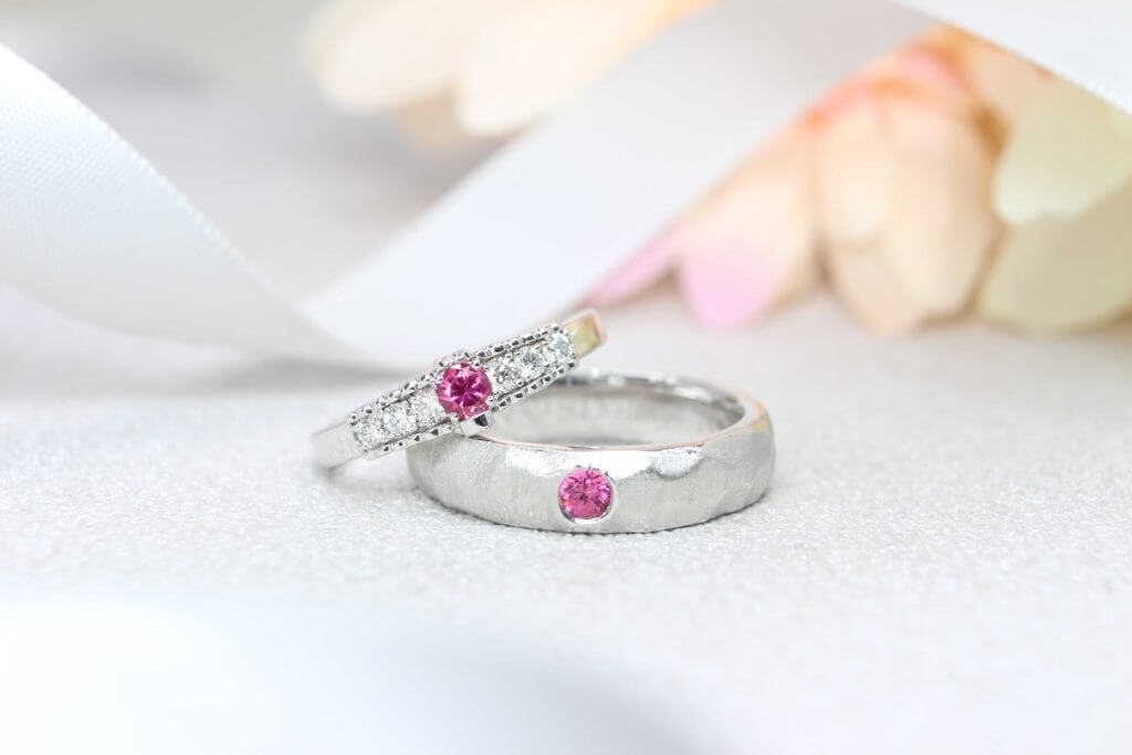 Wedding Bands custom set in Platinum with hot pink spinel gemstone and detailing in both the wedding bands | Local Singapore Bespoke jeweller in Wedding Jewellery and Wedding Rings - Designer Jewellery