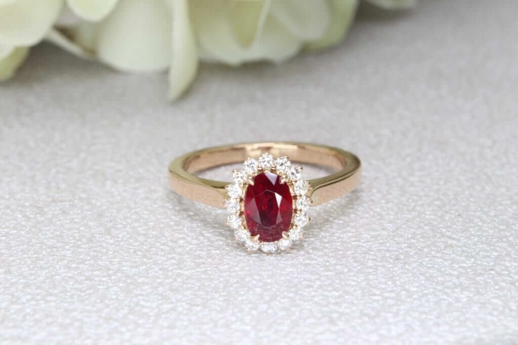The Halo Ruby and Simulated Diamond Engagement Ring – Modern Gents