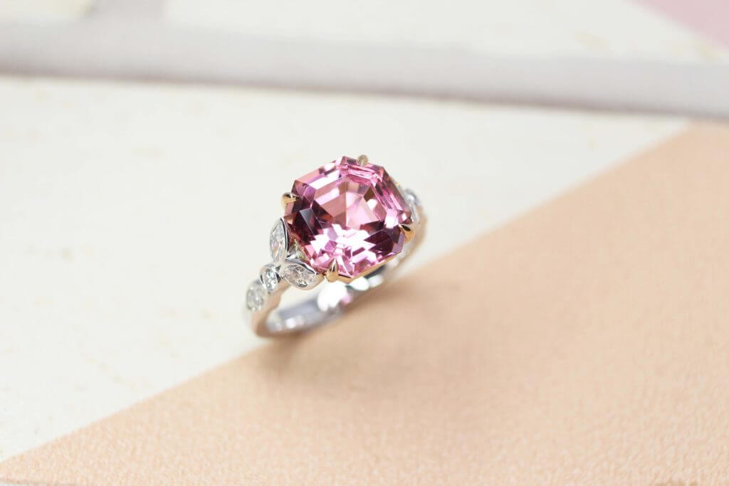 Customised ring custom set in asscher cut shape pink tourmaline gemstone set with rose gold band and round brilliant diamonds | Local Singapore Jeweller in customised jewellery and natural coloured gemstone.