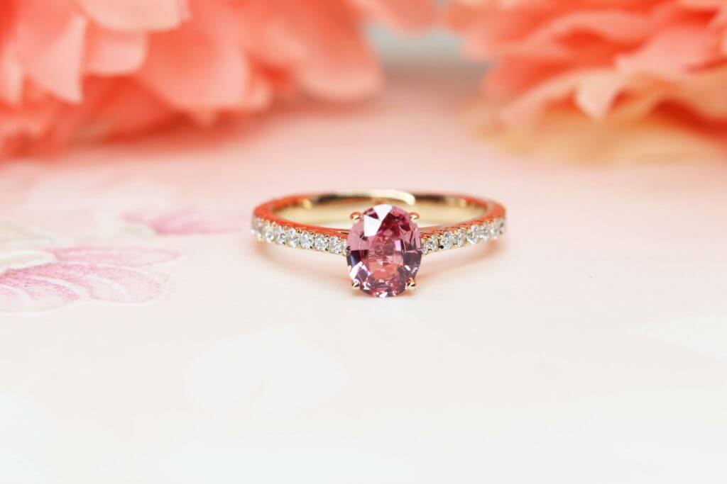 Padparadscha Sapphire Wedding Ring customised unique design for wedding proposal with orangy pink sapphire, rarer than blue sapphire | Padparadscha Singapore.