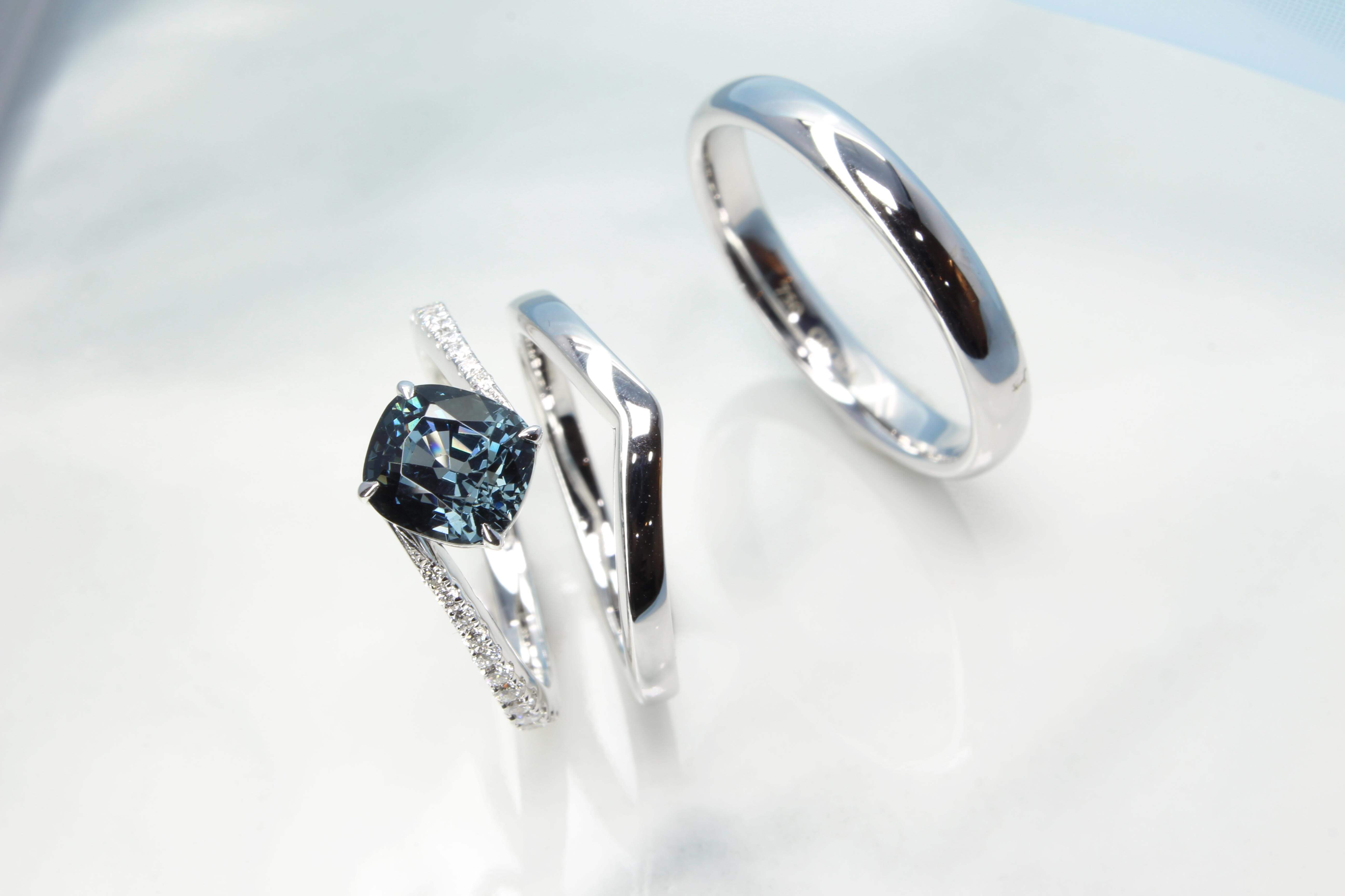 Bluish Grey Spinel Gemstone Wedding Engagement Ring, Stackable to Wedding Bands.
