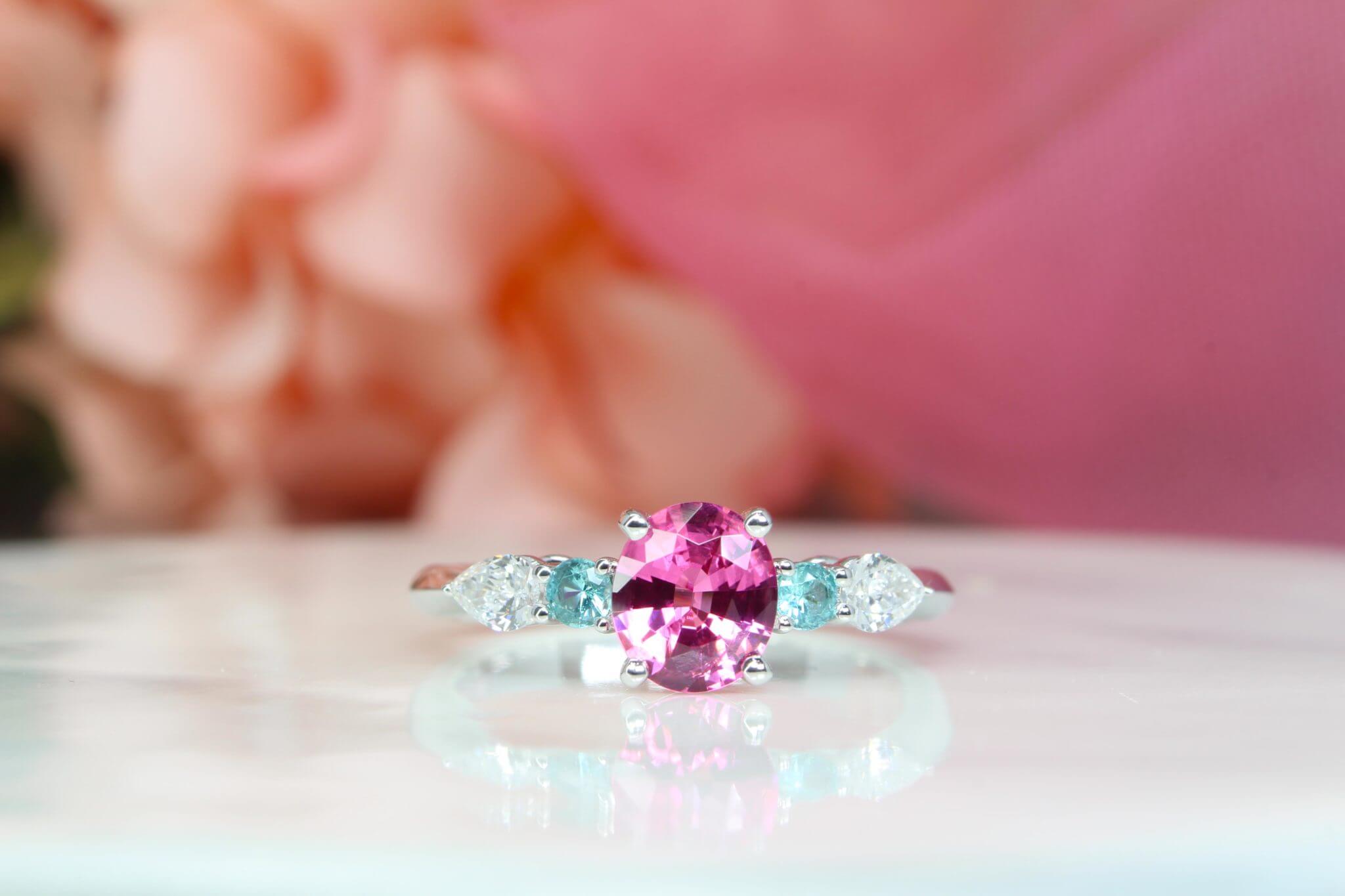 Pink Spinel with Paraiba Tourmaline Wedding Proposal Ring | Local Singapore Jeweller in bespoke wedding ring with pink spinel and coloured gemstone for Wedding Jewellery and Wedding Ring