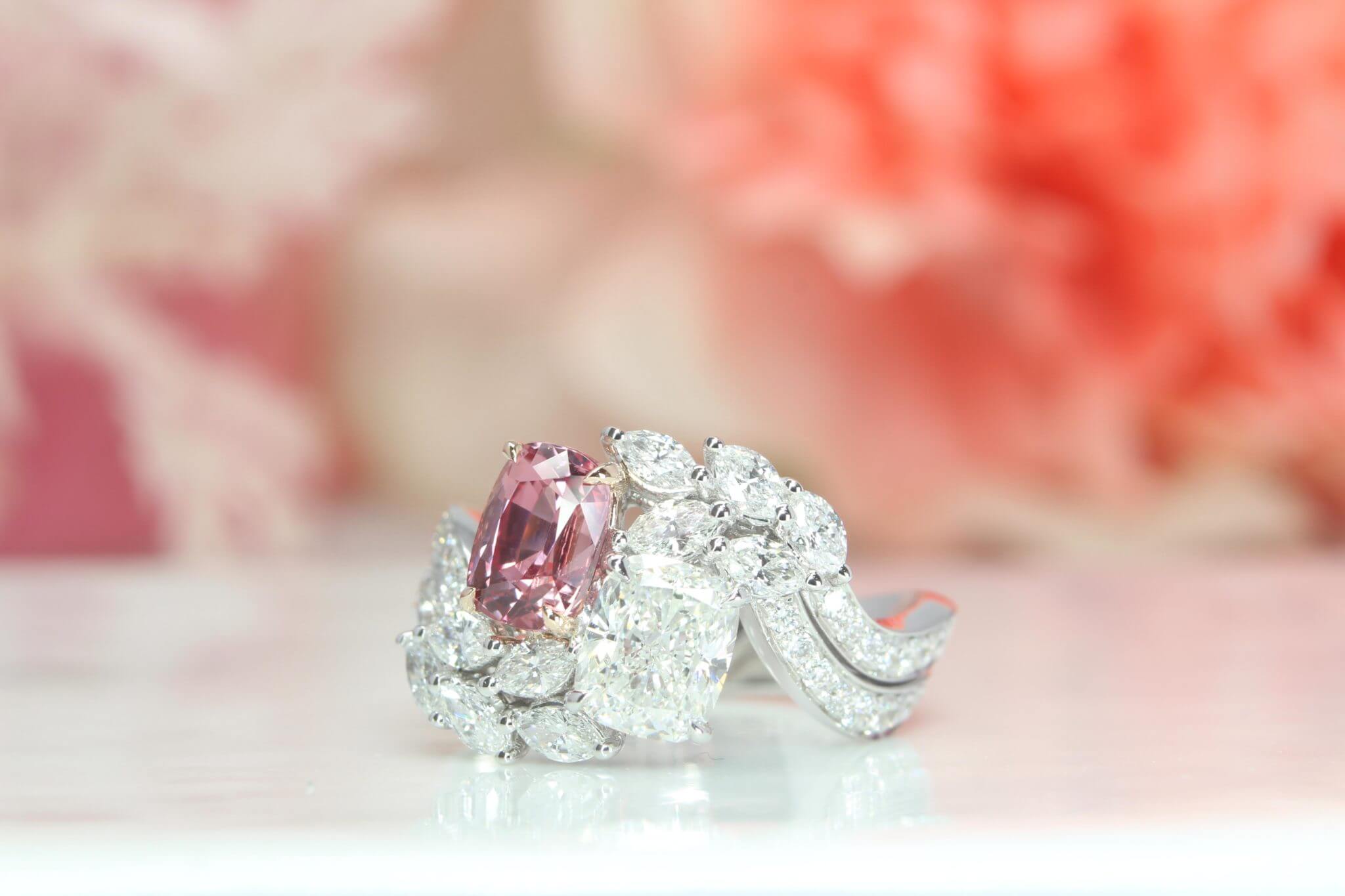 “Toi et Moi” Ring, Sapphire Padparadscha with Cushion, Marquise, Round Brilliant Diamond - Unique Custom made ring for a perfect wedding | Local Singapore Custom Jewellery in Wedding Jewellery with padparadscha sapphire gemstone and diamond.