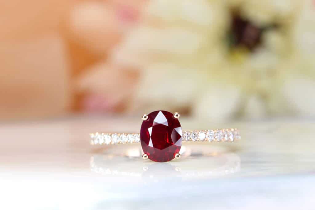 Vivid Red Pigeon Blood Ruby engagement ring with micro-pave diamond ring