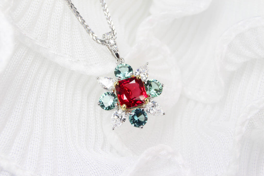 40th Anniversary Wedding Jewellery, unheated ruby clustered with round green tourmaline and pear diamond | Ruby & Tourmaline gemstone Wedding Jewelry Singapore.