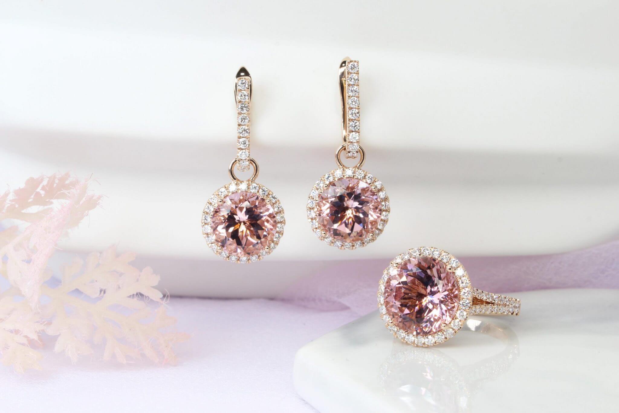 Customised Jewellery Set Pink Morganite Jewellery Earring to Ring with Halo Diamond scaled