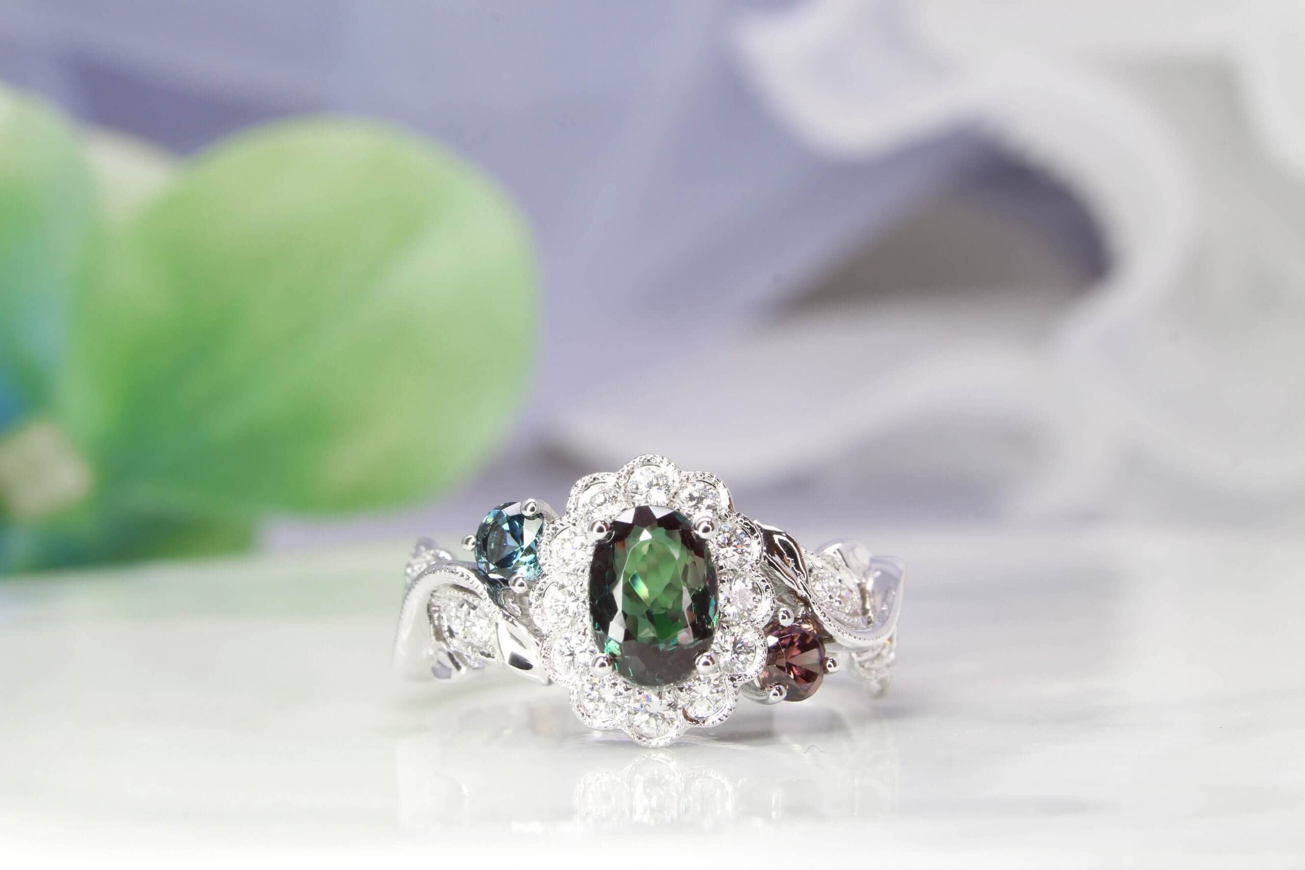 Alexandrite Flora leaves Halo Diamond Ring with side Green and Red Spinel scaled