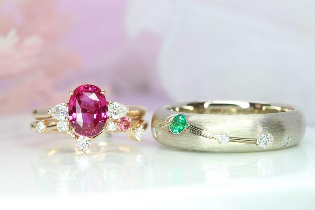 Constellation Wedding Bands stackable with Pink Sapphire Ring