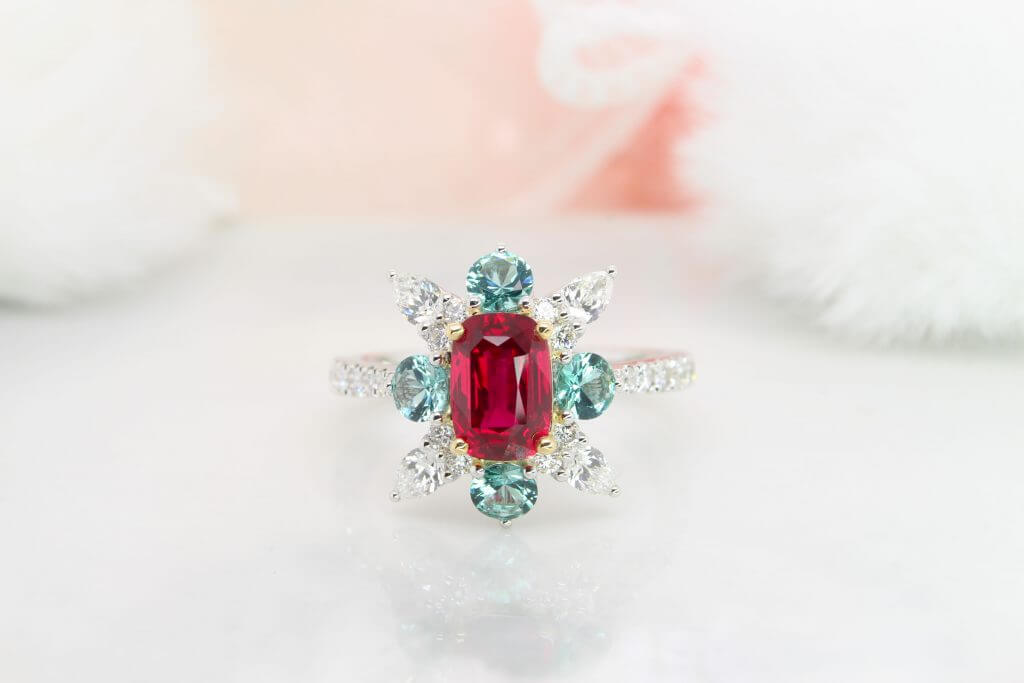 40th Anniversary Wedding Jewellery, unheated ruby clustered with round green tourmaline and pear diamond | Ruby & Tourmaline gemstone Wedding Jewelry Singapore.