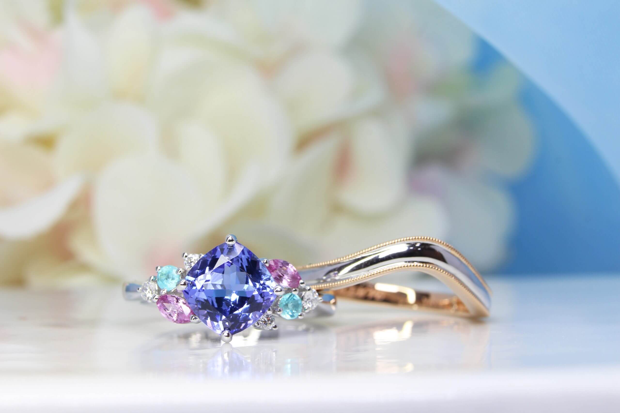 Tanzanite Cluster Ring with stackable wedding bands