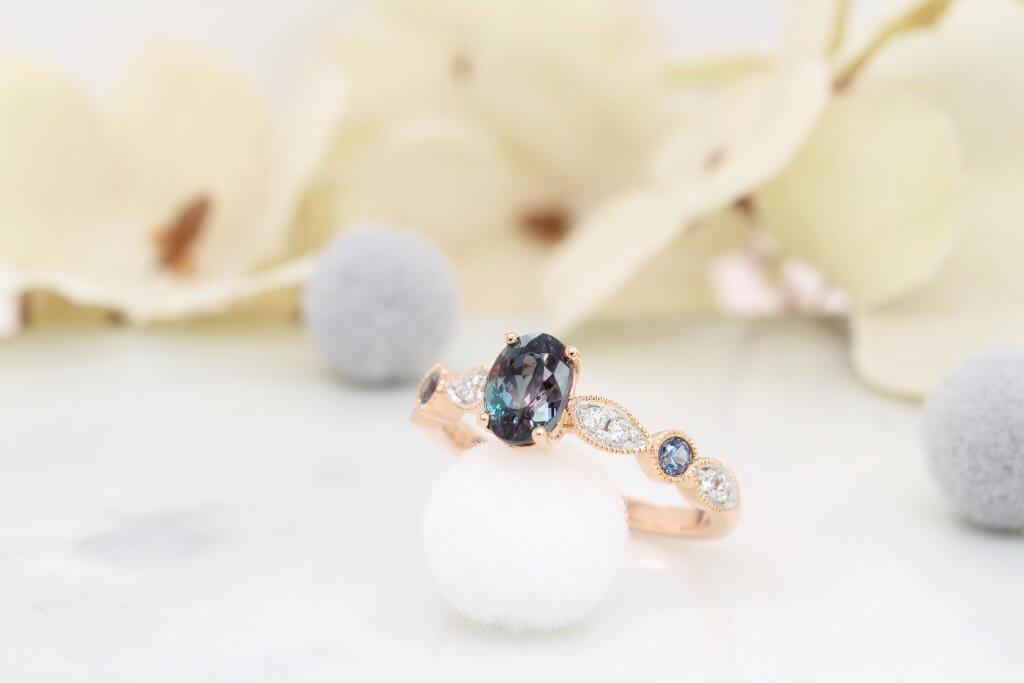 Alexandrite colour change gem engagement ring