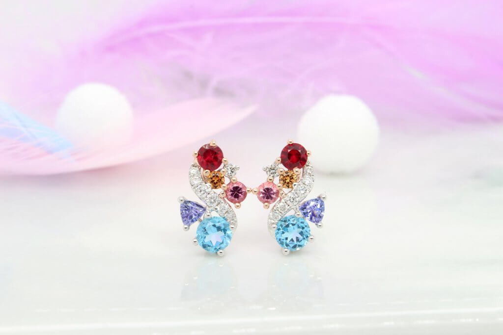 Personalised Earring stud with birthstone jewellery from ruby, mandarin garent, topaz, tanzanite and spinel.