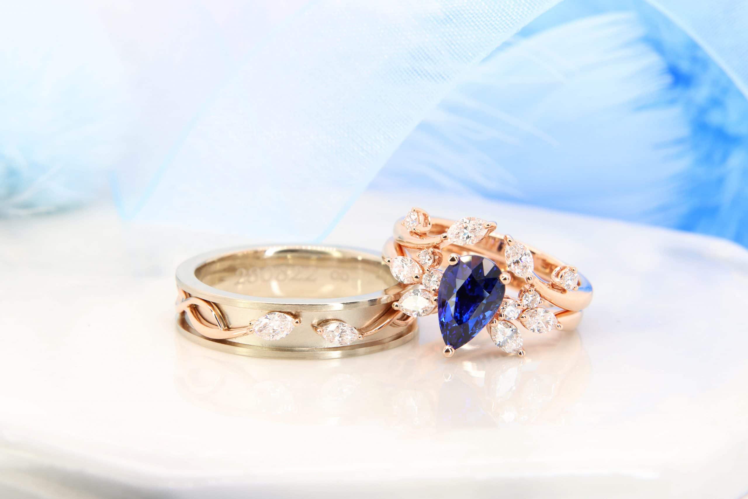 Blue Sapphire Floral Wedding Rings
