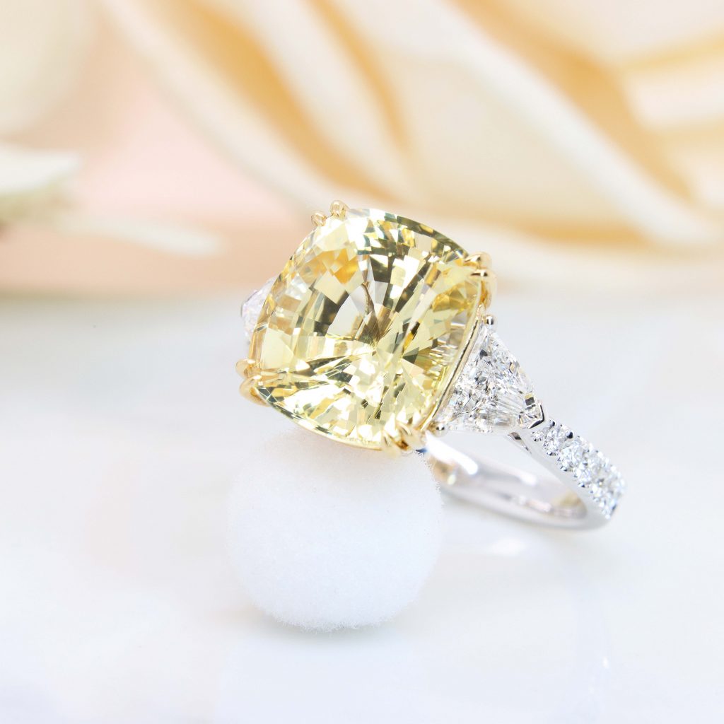 Yellow Sapphire Ring Customised with Halo diamond or side fancy diamond ring. Vibrant colour shade Yellow sapphire looks exactly like a yellow diamond Singapore