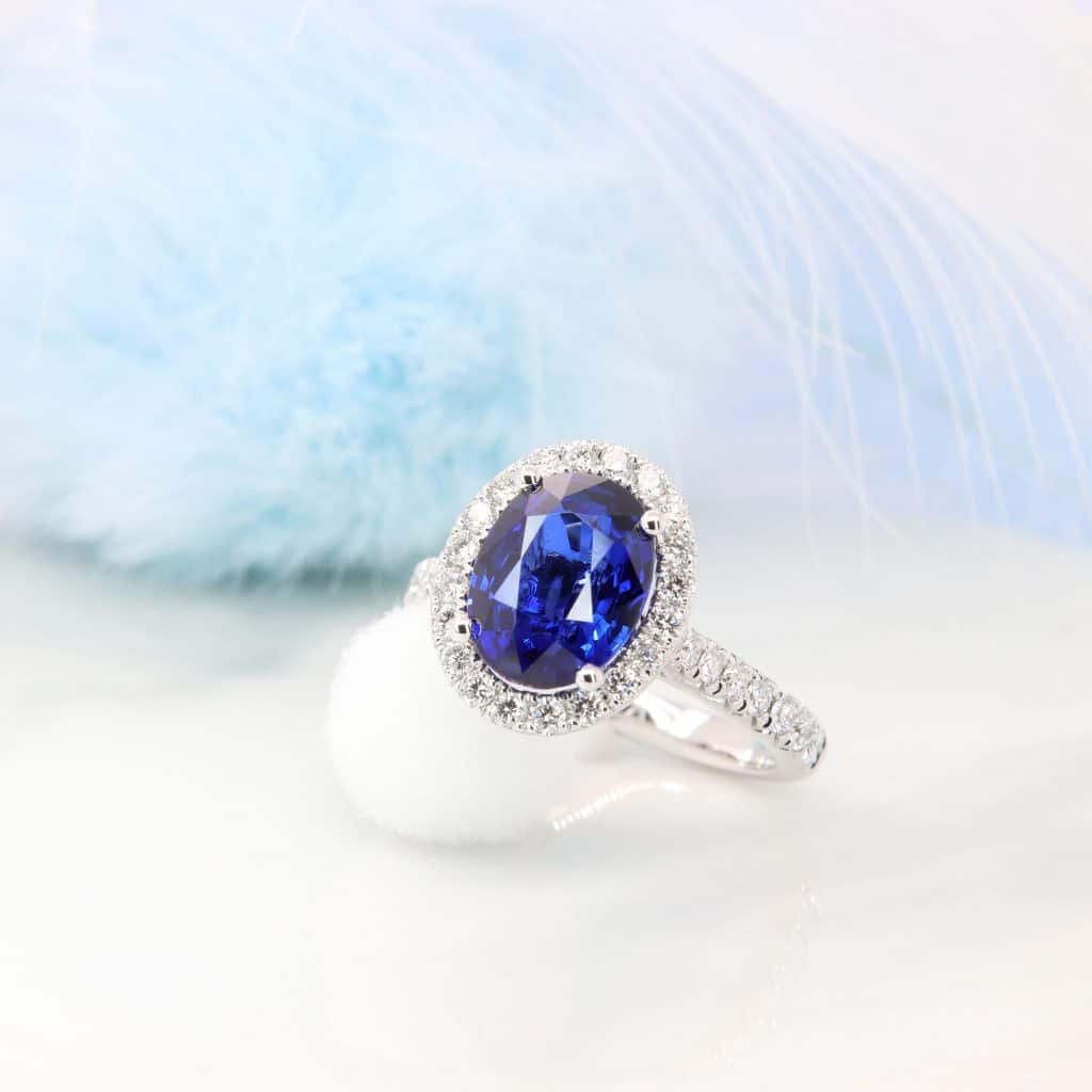 Sapphire Halo Diamond Ring with vivid royal blue to cornflower sapphire engagement ring | Modern, vintage art deco, timeless halo diamond ring 
